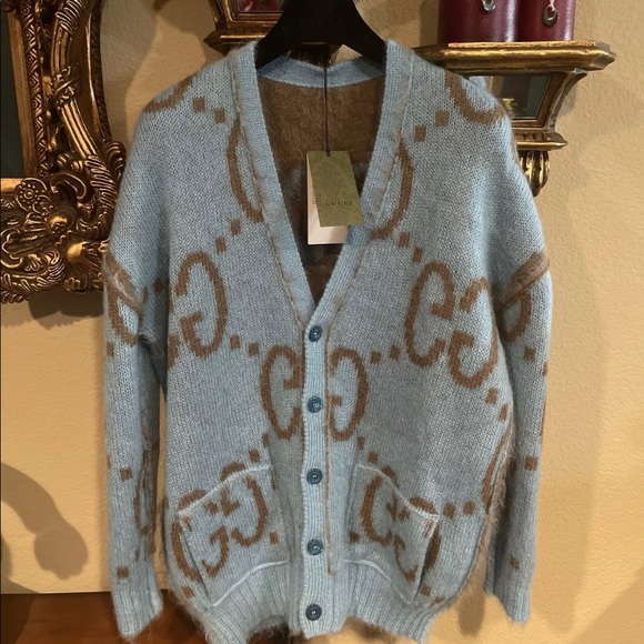 GUCCI Blue Brown Reversible GG Logo Mohair Wool Cardigan - M with tags. Designer - Picture 1 of 4